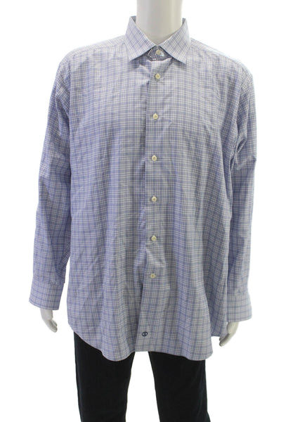 David Donahue Mens Cotton Plaid Button Down Shirt Blue Size 35
