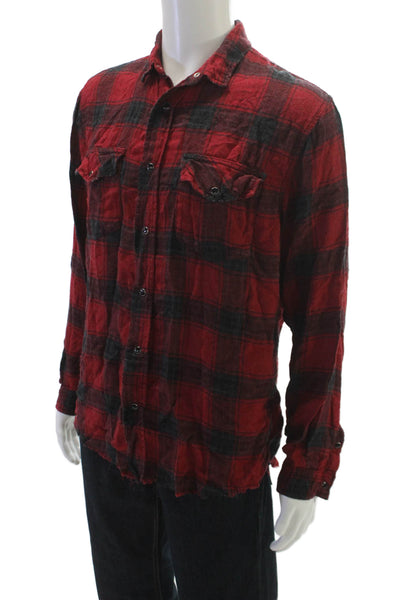 The Kooples Mens Plaid Graphic Print Long Sleeve Button Down Shirt Red Size 2