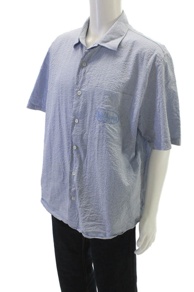 Madhappy Mens Cotton Striped Collar Short Sleeve Shirt Blue Size L