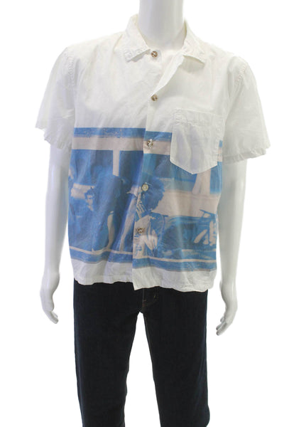 Dr. Collectors Mens Cotton Graphic Print Button Down Shirt White Blue Size M