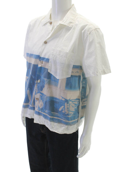 Dr. Collectors Mens Cotton Graphic Print Button Down Shirt White Blue Size M