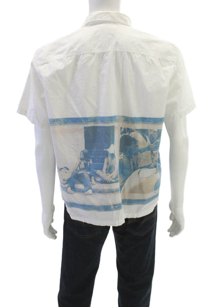 Dr. Collectors Mens Cotton Graphic Print Button Down Shirt White Blue Size M