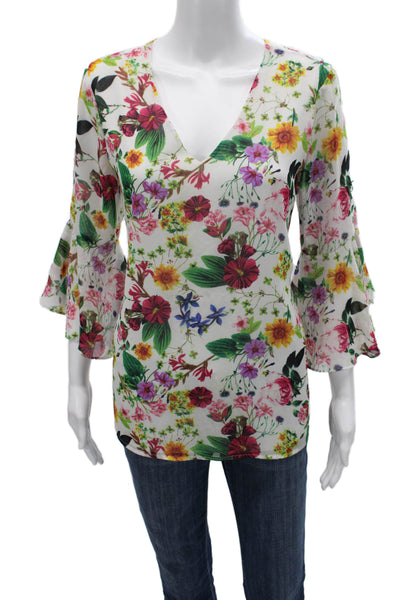 Calvin Klein Womens White Floral V-Neck 3/4 Sleeve Basic Blouse Size S