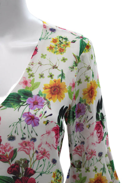 Calvin Klein Womens White Floral V-Neck 3/4 Sleeve Basic Blouse Size S