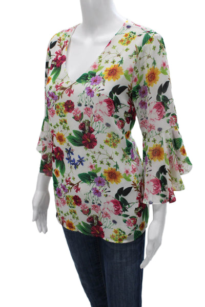 Calvin Klein Womens White Floral V-Neck 3/4 Sleeve Basic Blouse Size S