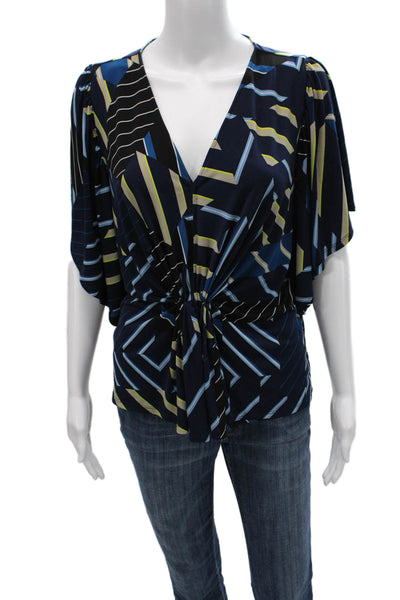 DKNY Women Multicolor Geometric V-Neck Short Sleeve Blouse Polyester Size S