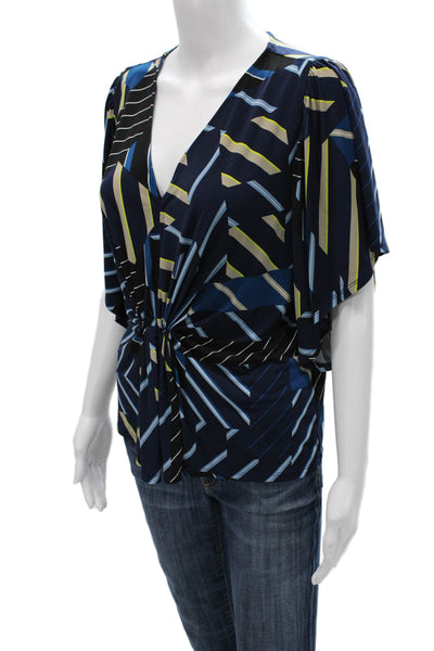DKNY Women Multicolor Geometric V-Neck Short Sleeve Blouse Polyester Size S