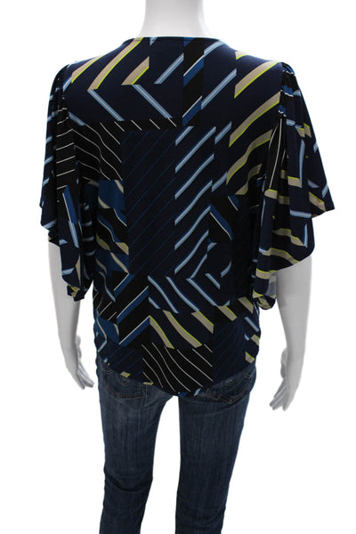 DKNY Women Multicolor Geometric V-Neck Short Sleeve Blouse Polyester Size S