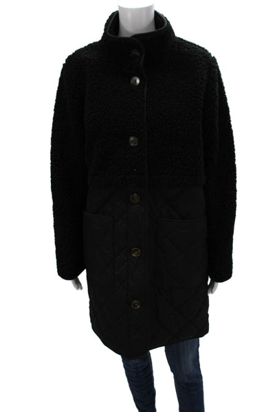 J Crew Womens Quilted Coat Black Button Long Sleeve Polyester Size S