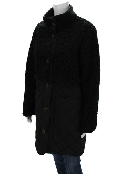 J Crew Womens Quilted Coat Black Button Long Sleeve Polyester Size S