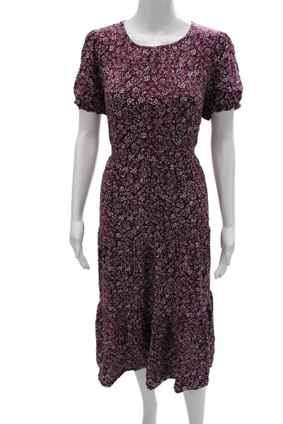 J Crew Womens Fit & Flare Red Floral Short Sleeve Dress Zip Round Neck Size 2XL