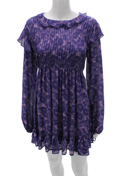 Free People Womens Mini Floral Bohemian Purple Viscose Long Sleeve Dress Size M