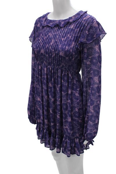 Free People Womens Mini Floral Bohemian Purple Viscose Long Sleeve Dress Size M