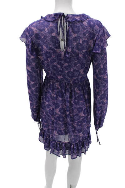 Free People Womens Mini Floral Bohemian Purple Viscose Long Sleeve Dress Size M