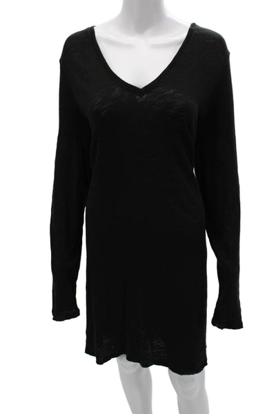 ATM Womens Black Cotton V-Neck Long Sleeve Shift Dress Knee Length Size XL