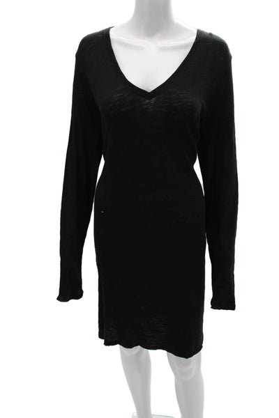 ATM Womens Short Shift Dress Black V-Neck Long Sleeve Cotton Size XL