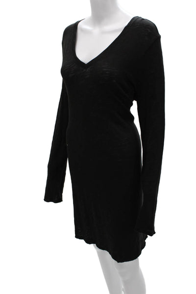 ATM Womens Short Shift Dress Black V-Neck Long Sleeve Cotton Size XL