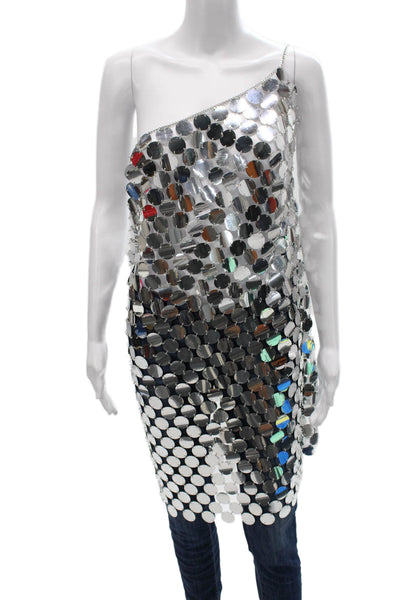 Anthropologie Womens Sleeveless One Shoulder PVC Mini Dress Silver Size L
