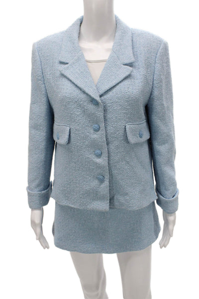 Zara Womens Tweed Button Down Mini Skirt Suit Sky Blue Cotton Size Large