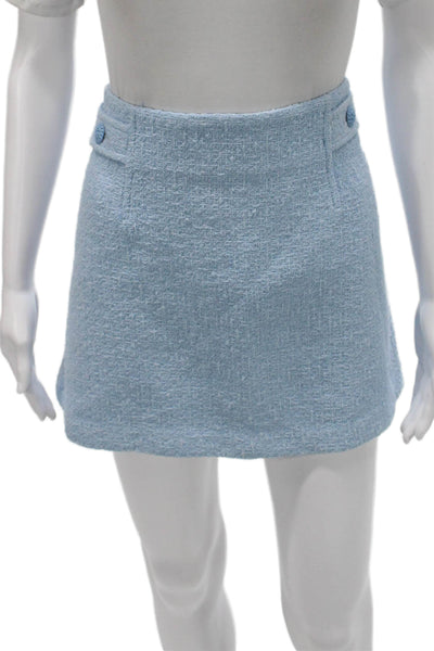 Zara Womens Tweed Button Down Mini Skirt Suit Sky Blue Cotton Size Large