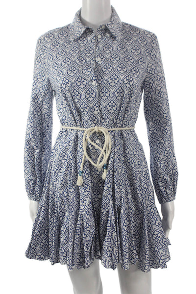 Zara Women Collared Long Sleeve Geometric Cotton Mini Dress Blue Button Size XS