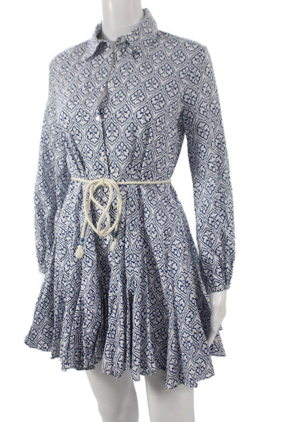 Zara Women Collared Long Sleeve Geometric Cotton Mini Dress Blue Button Size XS