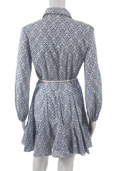 Zara Women Collared Long Sleeve Geometric Cotton Mini Dress Blue Button Size XS