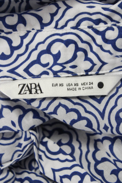 Zara Women Collared Long Sleeve Geometric Cotton Mini Dress Blue Button Size XS