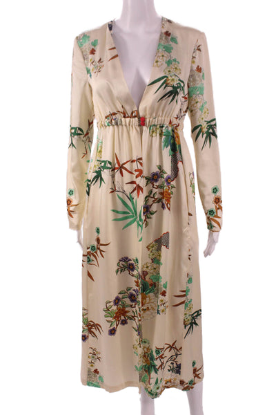 Zara Womens Maxi Floral V-Neck Long Sleeve Ivory Polyester Dress Size XS