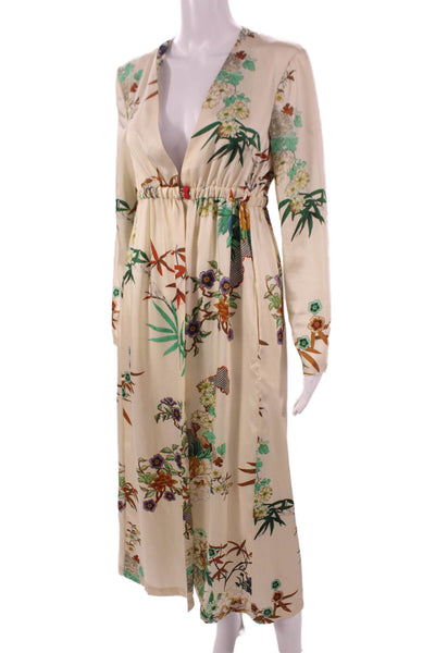 Zara Womens Maxi Floral V-Neck Long Sleeve Ivory Polyester Dress Size XS