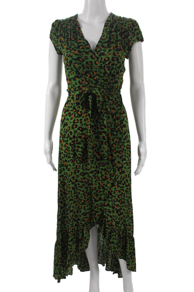 Cindi Gindi Womens Wrap Dress Green Animal Print V Neck Midi Size S