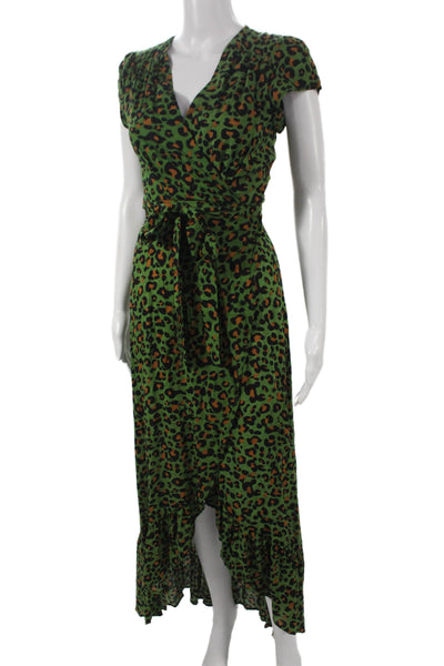 Cindi Gindi Womens Wrap Dress Green Animal Print V Neck Midi Size S