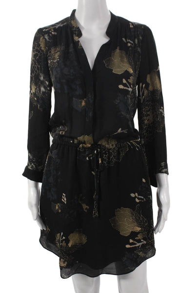 Babaton Women Black Silk Floral Collared Long Sleeve Shirt Dress Size S