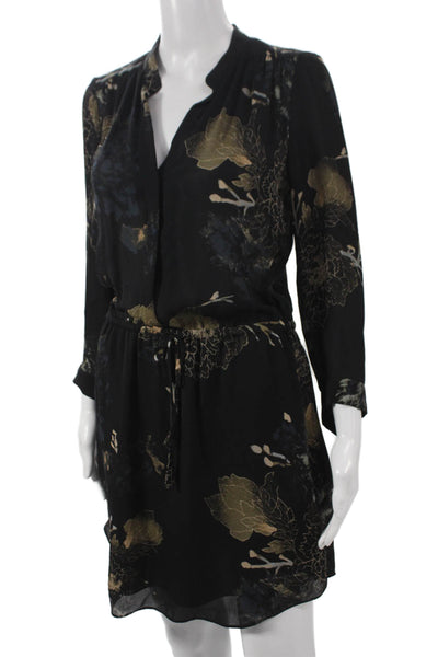 Babaton Women Black Silk Floral Collared Long Sleeve Shirt Dress Size S