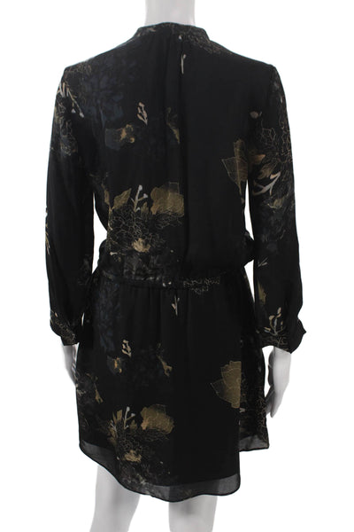 Babaton Women Black Silk Floral Collared Long Sleeve Shirt Dress Size S