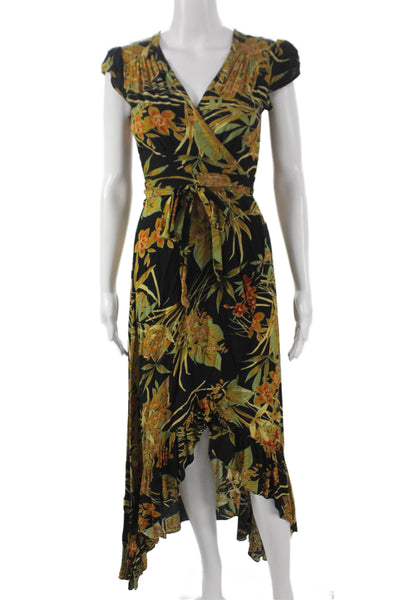 Cindi Gindi Womens Black Floral Maxi Dress V-Neck Short Sleeve Size S