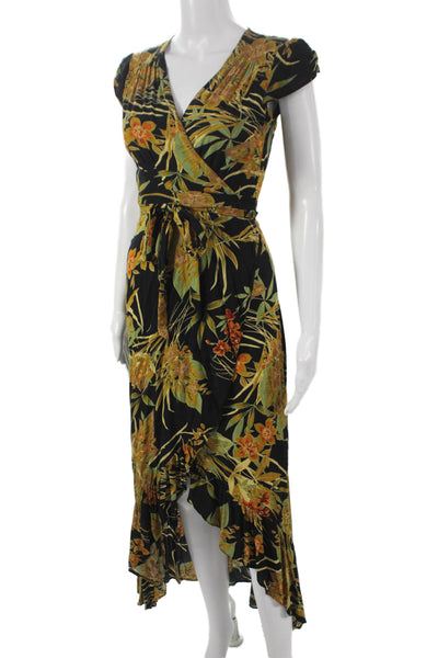 Cindi Gindi Womens Black Floral Maxi Dress V-Neck Short Sleeve Size S