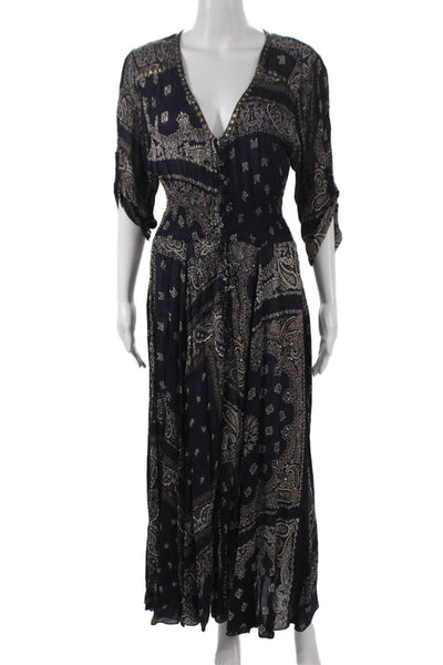 Miss June Women Blue Paisley Viscose Maxi Dress 3/4 Sleeve V-Neck Size S