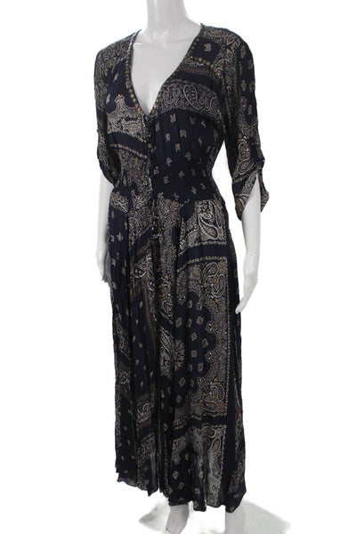 Miss June Women Blue Paisley Viscose Maxi Dress 3/4 Sleeve V-Neck Size S