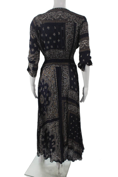 Miss June Women Blue Paisley Viscose Maxi Dress 3/4 Sleeve V-Neck Size S
