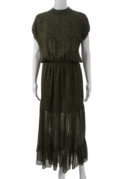 Misa Womens Green Polka Dot Midi Dress Mock Neck Short Sleeve Button Size S