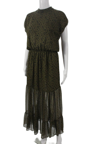 Misa Womens Green Polka Dot Midi Dress Mock Neck Short Sleeve Button Size S
