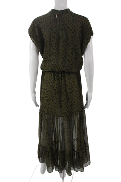 Misa Womens Green Polka Dot Midi Dress Mock Neck Short Sleeve Button Size S