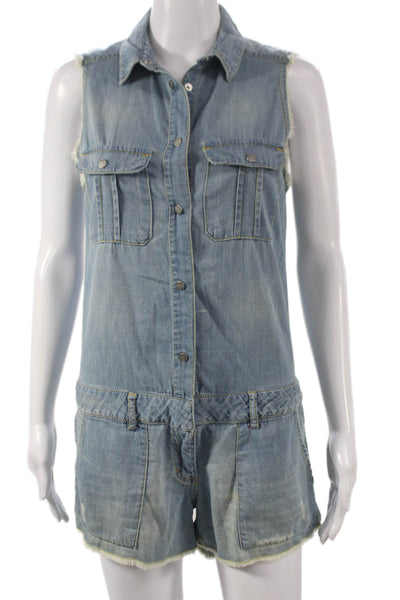 Etienne Marcel Womens Blue Collared Sleeveless Cotton Romper Button Size S