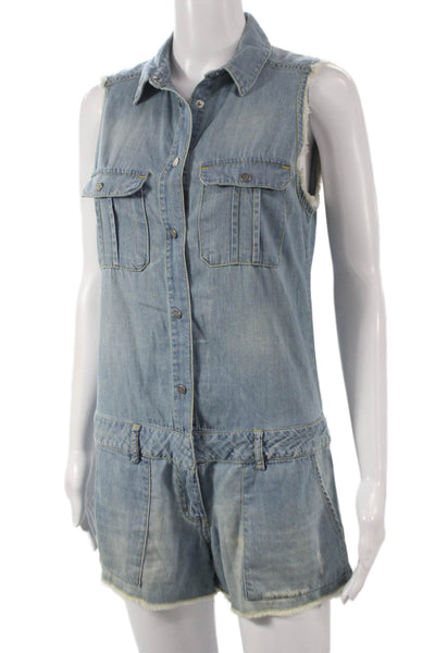 Etienne Marcel Womens Blue Collared Sleeveless Cotton Romper Button Size S
