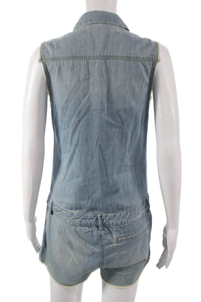 Etienne Marcel Womens Blue Collared Sleeveless Cotton Romper Button Size S