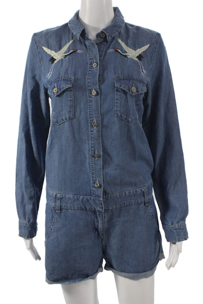 The Kooples Women Playsuit Blue Collared Long Sleeve Lyocell Button Size S