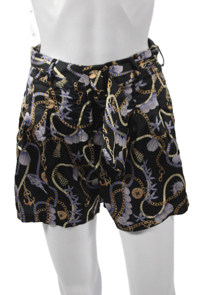 Muze Womens Paperbag Shorts Black Graphic Polyester Button Nautical Size M