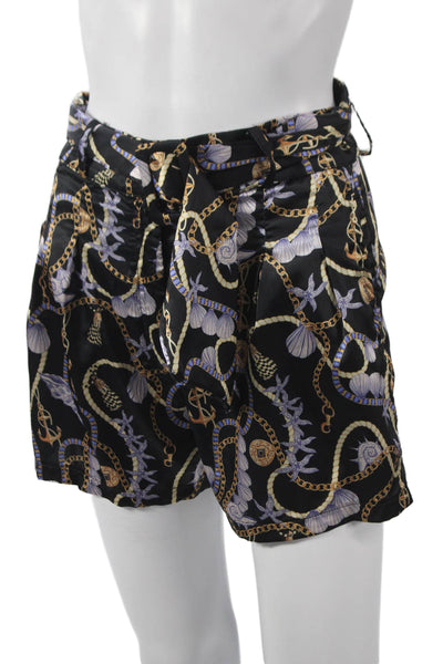 Muze Womens Paperbag Shorts Black Graphic Polyester Button Nautical Size M