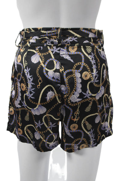 Muze Womens Paperbag Shorts Black Graphic Polyester Button Nautical Size M